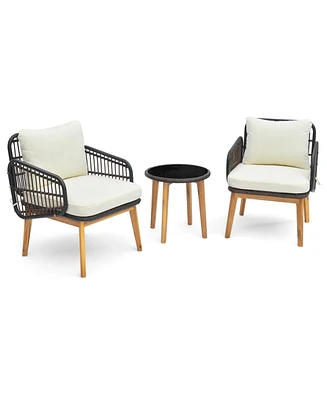 Slickblue 3 Pieces Patio Furniture Set with Cushioned Chairs and Tempered Glass Side Table-Black