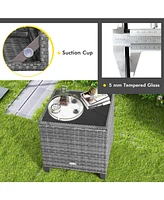 3 Pieces Outdoor Wicker Conversation Set with Tempered Glass Tabletop-Gray