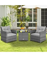 3 Pieces Outdoor Wicker Conversation Set with Tempered Glass Tabletop-Gray