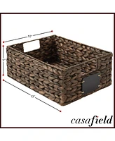 Casafield (Set of 4) Water Hyacinth 10"x13"x5" Pantry Baskets w/ Chalkboard Labels and Marker - Espresso, Woven Storage Bins for Kitchen Shelves