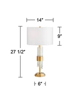 Aloise Mid Century Modern Glam Luxury Table Lamp 27.5" Tall Brass Metal Clear Glass Tube White Drum Shade Decor for Living Room Bedroom House Bedside