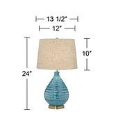 Kayley Mid Century Modern Coastal Table Lamp Textured Ceramic 24" High Sky Blue Glaze Linen Fabric Tapered Drum Shade for Living Room Bedroom House Be