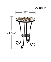 Sunburst Rustic Black Metal Round Outdoor Accent Side Tables 14" Wide Set of 2 Brown Mosaic Tile Tabletop Gracefully Curved Legs for Spaces Porch Pati