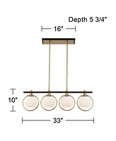 Possini Euro Design Carlyn Antique Brass Gold Black Metal Linear Island Pendant 33" Wide Mid Century Modern White Glass Globe Shades Led 4-Light Fixtu