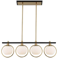 Possini Euro Design Carlyn Antique Brass Gold Black Metal Linear Island Pendant 33" Wide Mid Century Modern White Glass Globe Shades Led 4-Light Fixtu