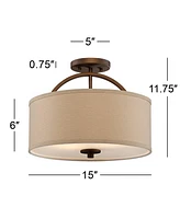 Possini Euro Design Halsted Mid Century Modern Ceiling Light Semi-Flush Mount Fixture Brushed Bronze 15" Wide Oatmeal Linen Drum Shade for House Bedro