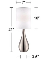 Modern Accent Table Lamp 21" High Brushed Nickel Silver Metal Teardrop White Cylinder Uno Shade Decor for Bedroom Living Room House Home Bedside Night