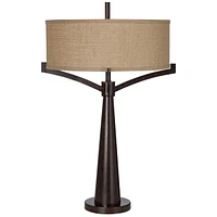 Tremont Rustic Farmhouse Table Lamp 31 1/2" Tall Allegheny Bronze Brown Iron Burlap Fabric Drum Shade for Bedroom Living Room House Home Bedside Night