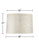 Off-White with Silver Circles Medium Drum Lamp Shade 15" Top x 16" Bottom x 11" High (Spider) Replacement with Harp and Finial - Springcrest