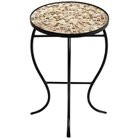 Mother of Pearl Modern Black Metal Round Outdoor Accent Side Table 14" Wide Natural Mosaic Tile Tabletop Gracefully Curved Legs for Spaces Porch Patio