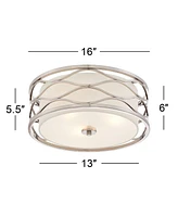 Possini Euro Design Austen Modern Ceiling Light Flush Mount Fixture 16" Wide Brushed Nickel Wavy Frame White Fabric Drum Shade for Bedroom Kitchen Liv