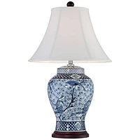 Shonna Asian Chinese Ginger Jar Table Lamp 27" Tall Porcelain Blue White Bird and Branch Bell Shade Decor for Living Room Bedroom House Bedside Nights