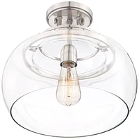 Franklin Iron Works Charleston Industrial Rustic Farmhouse Ceiling Light Semi Flush-Mount Fixture 13 1/2" Wide Brushed Nickel Led Clear Glass Shade fo