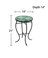 Dragonfly Scene Black Metal Round Outdoor Accent Side Tables 14" Wide Set of 2 Blue Mosaic Tile Tabletop Gracefully Curved Legs Spaces Porch Patio Hom