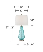 Dylan Coastal Modern Contemporary Style Table Lamps 27.5" Tall Full Size Set of 2 Transparent Blue Glass White Fabric Drum Shade for Living Room Bedro