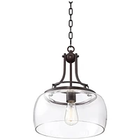 Franklin Iron Works Charleston Bronze Brown Small Pendant Light 13.5" Wide Farmhouse Industrial Rustic Clear Glass Shade Dining Room House Bedroom Ent