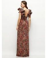 After Six Women's Dramatic Ruffle Edge Strap Fall Foral Pleated Metallic Maxi Dress