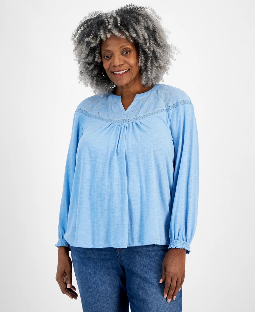 Style & Co Plus Mesh-Trim Raglan-Sleeve Blouse