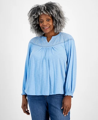 Style & Co Plus Mesh-Trim Raglan-Sleeve Blouse