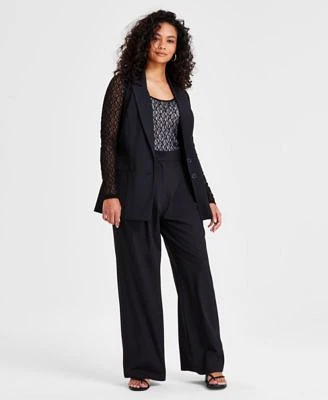 Bar Iii Petite Button Front Sleeveless Blazer Long Sleeve Mesh Lace Top Wide Leg Pants Created For Macys