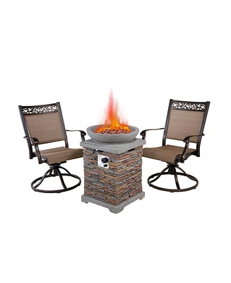 Mondawe 3-Piece Cast Aluminum Outdoor Conversation Seating Set Beige Cushion with Patio Fire Pit for Countyard