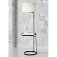 Space Saver Modern Style Standing Floor Lamp with Glass Tray End Table 62" Tall Black Metal White Fabric Sleek Drum Shade Decor for Living Room Readin