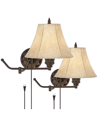 Barnes and Ivy Rosslyn Rustic French Country Swing Arm Wall Lamps Set of 2 Bronze Plug-In Light Fixture Faux Leather Bell Shade for Bedroom Bedside Ho