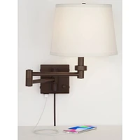 360 Lighting Vero Modern Swing Arm Wall Lamp with Usb Charging Port Oil Rubbed Bronze Plug-In Light Fixture Cream Drum Shade for Bedroom Bedside House