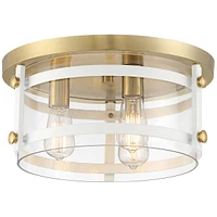 Franklin Iron Works Davis Modern Industrial Ceiling Light Flush-Mount Fixture 15.5" Wide Gold White 3-Light Led Clear Glass Shade for Bedroom Kitchen