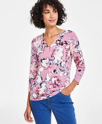 Jones New York Women's Floral Moss Crepe 3/4-Sleeve Top