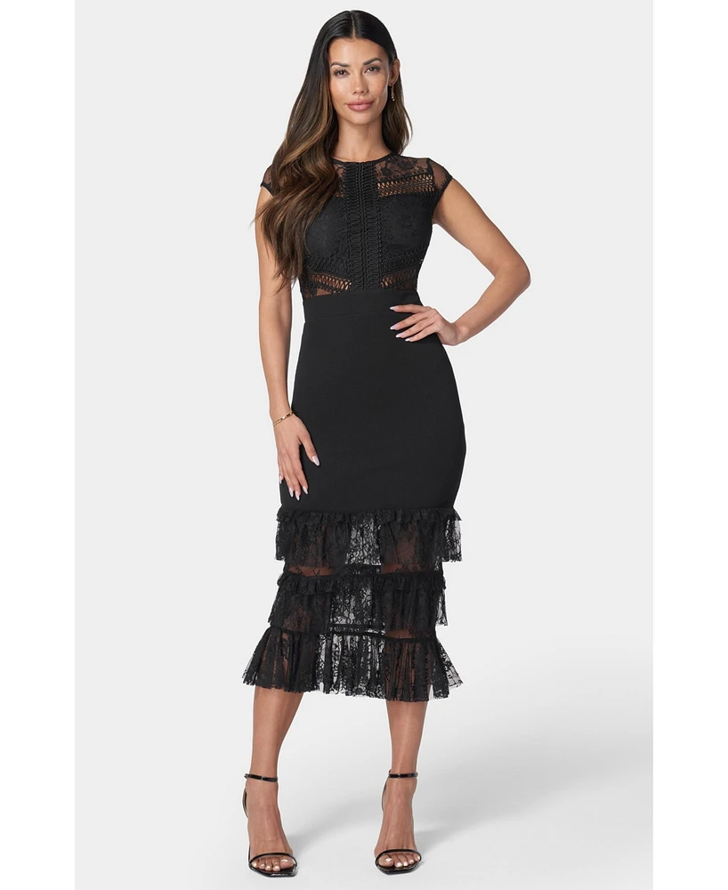 Bebe Women's Tiered Lace Midi Dress