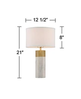 Possini Euro Design Leala Modern Accent Table Lamp 21" High Faux Marble Gold Metal Hexagonal White Drum Shade for Bedroom Living Room House Home Bedsi