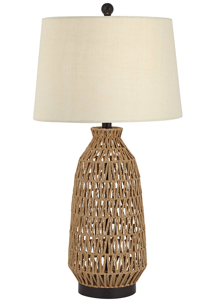 360 Lighting San Carlos Modern Coastal Cottage Table Lamp 29" Tall with Usb Charging Port Natural Rattan Wicker Oatmeal Drum Shade for Bedroom Living