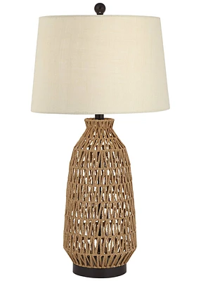 360 Lighting San Carlos Modern Coastal Table Lamp 29" Tall with Usb Charging Port Natural Rattan Wicker Oatmeal Drum Shade for Bedroom Living Room Nig