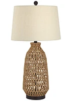360 Lighting San Carlos Modern Coastal Table Lamp 29" Tall with Usb Charging Port Natural Rattan Wicker Oatmeal Drum Shade for Bedroom Living Room Nig