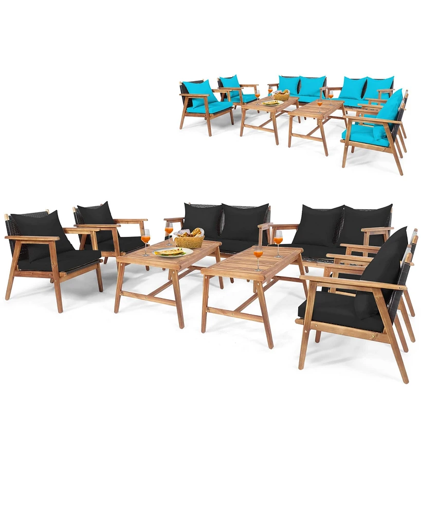 Costway 8PCS Patio Rattan Furniture Set Wooden Cushioned Sofa with Black & Turquoise Cover