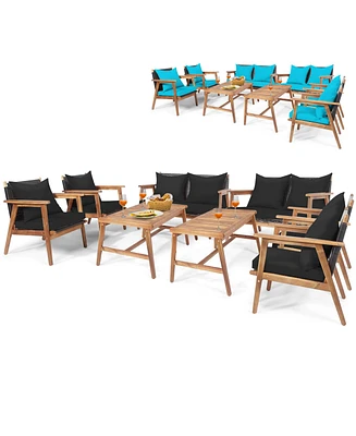 Costway 8PCS Patio Rattan Furniture Set Wooden Cushioned Sofa with Black & Turquoise Cover