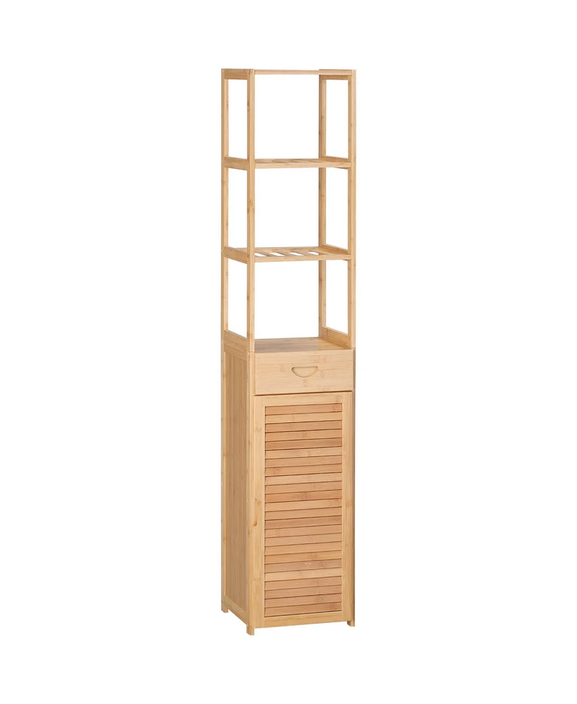 Kleankin Tall Bathroom Cabinet with Drawer and Slatted Shelves, Tall Slim Bamboo Linen Tower Freestanding Linen Towel with Louvered Door, Natural