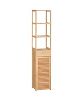 Kleankin Tall Bathroom Cabinet with Drawer and Slatted Shelves, Tall Slim Bamboo Linen Tower Freestanding Linen Towel with Louvered Door, Natural