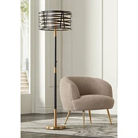 Possini Euro Design Halifax Modern Industrial Floor Lamp 64 1/2" Tall Matte Black Warm Gold Metal Caged Outer Organza Inner Drum Shade for Living Room
