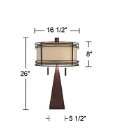 Franklin Iron Works Niklas Industrial Table Lamp with Usb Charging Port Rustic 26" High Hammered Bronze Brown Metal Double Drum Shade for Living Room