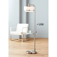 Vogue Modern Floor Lamp with Table Tempered Glass 60" Tall Brushed Nickel White Linen Silver Organza Double Drum Shade Usb Charging Port for Living Ro
