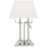 Dexter Modern Table Lamp 26" High with Usb and Ac Power Outlet in Base Brushed Nickel Led Reading Light White Linen Shade for Bedroom Living Room Hous