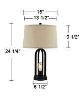 360 Lighting Marcel Modern Industrial Table Lamps 24 1/4" Tall Set of 2 with Led Nightlight Usb Port Black Metal Natural Linen Shade for Bedroom Livin