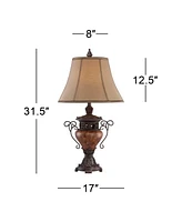 Regency Hill Traditional Style Table Lamp 31.5" Tall Bronze Brown Crackle Iron Metal Urn Faux Silk Bell Fabric Shade Decor for Living Room Bedroom Hou