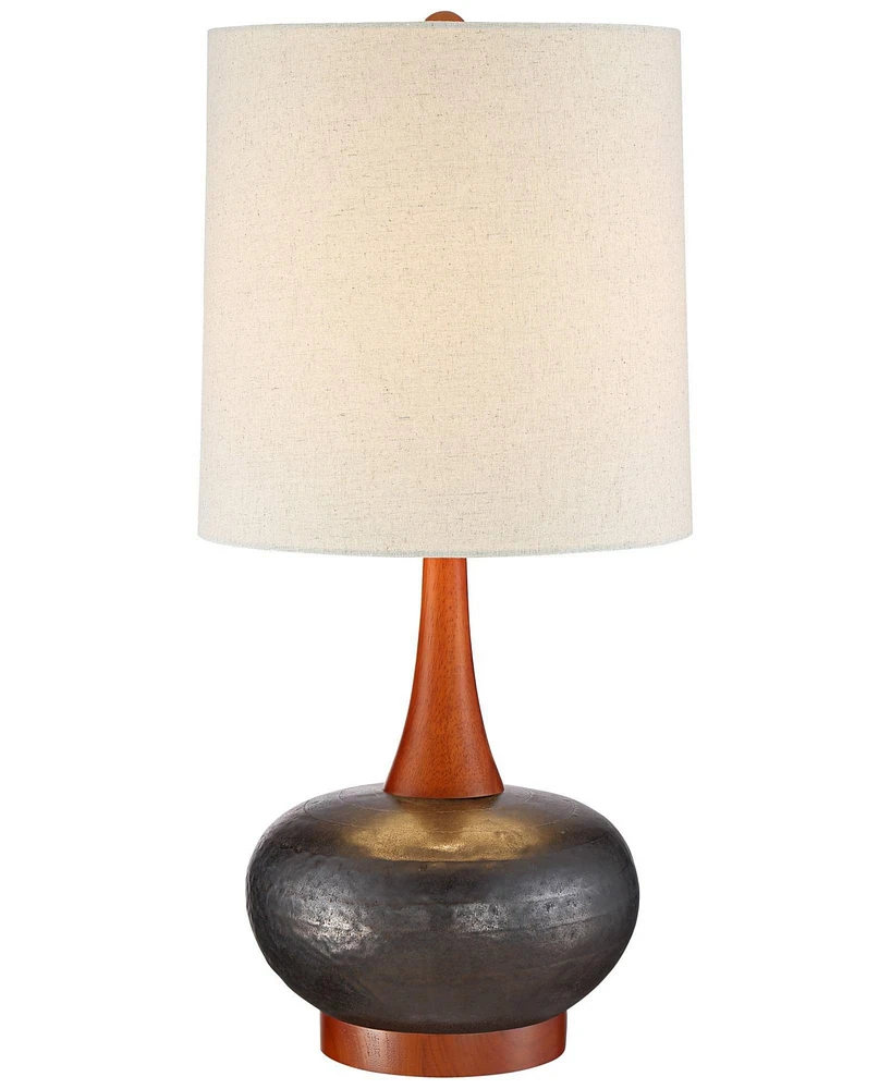 360 Lighting Andi Mid Century Modern Table Lamp 24.5" High Hammered Bronze Ceramic Wood Off White Tall Drum Shade for Living Room Bedroom House Bedsid