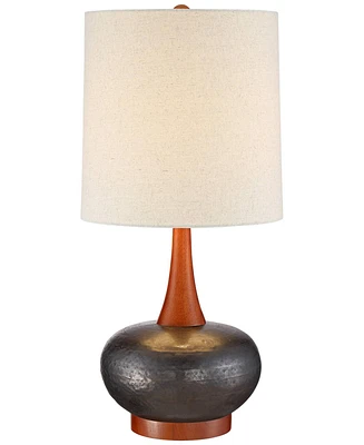 360 Lighting Andi Mid Century Modern Table Lamp 24.5" High Hammered Bronze Ceramic Wood Off White Tall Drum Shade for Living Room Bedroom House Bedsid