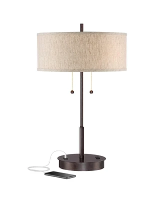360 Lighting Nikola Modern Accent Table Lamp with Usb and Ac Power Outlet in Base 23 1/2" High Bronze Fabric Drum Shade for Bedroom Living Room House