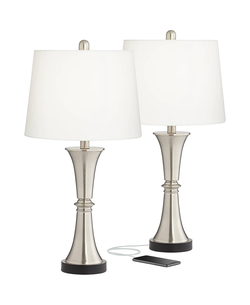 360 Lighting Seymore Modern Table Lamps 26" Tall Set of 2 with Usb Charging Port Silver Led Touch On Off White Drum Shade for Bedroom Living Room Hous