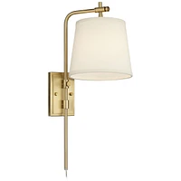Barnes and Ivy Seline Modern Wall Mounted Lamp Dimmable Warm Gold Metal Plug-In Light Fixture Off White Tapered Drum Shade for Bedroom Bedside House R